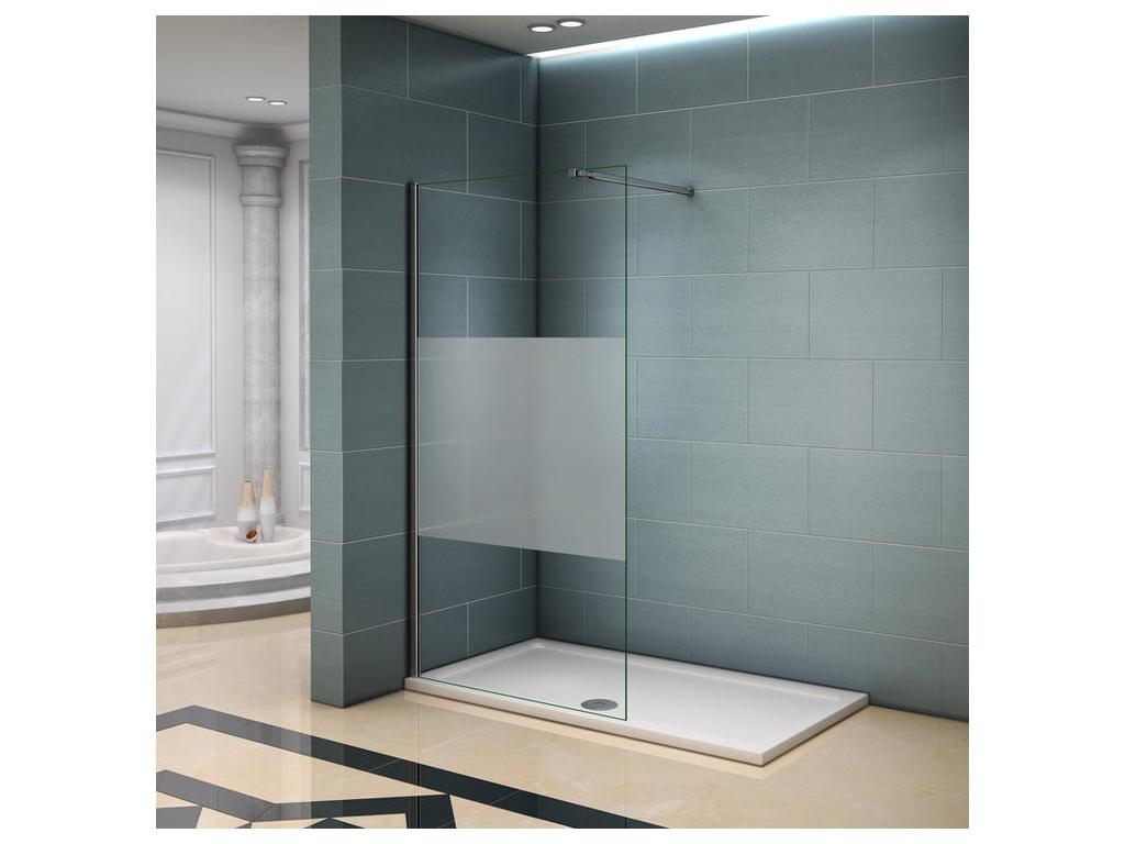 Walk-in shower screen 110x200cm with 73-120cm square support bar, 8mm glass, frosted central strip 25961KGNH