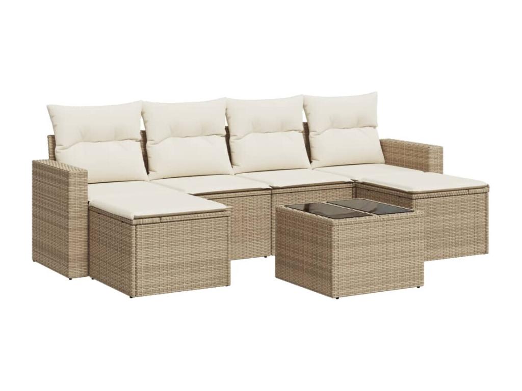 7-piece garden furniture set with cushions, beige wicker resin, 61297IKGP