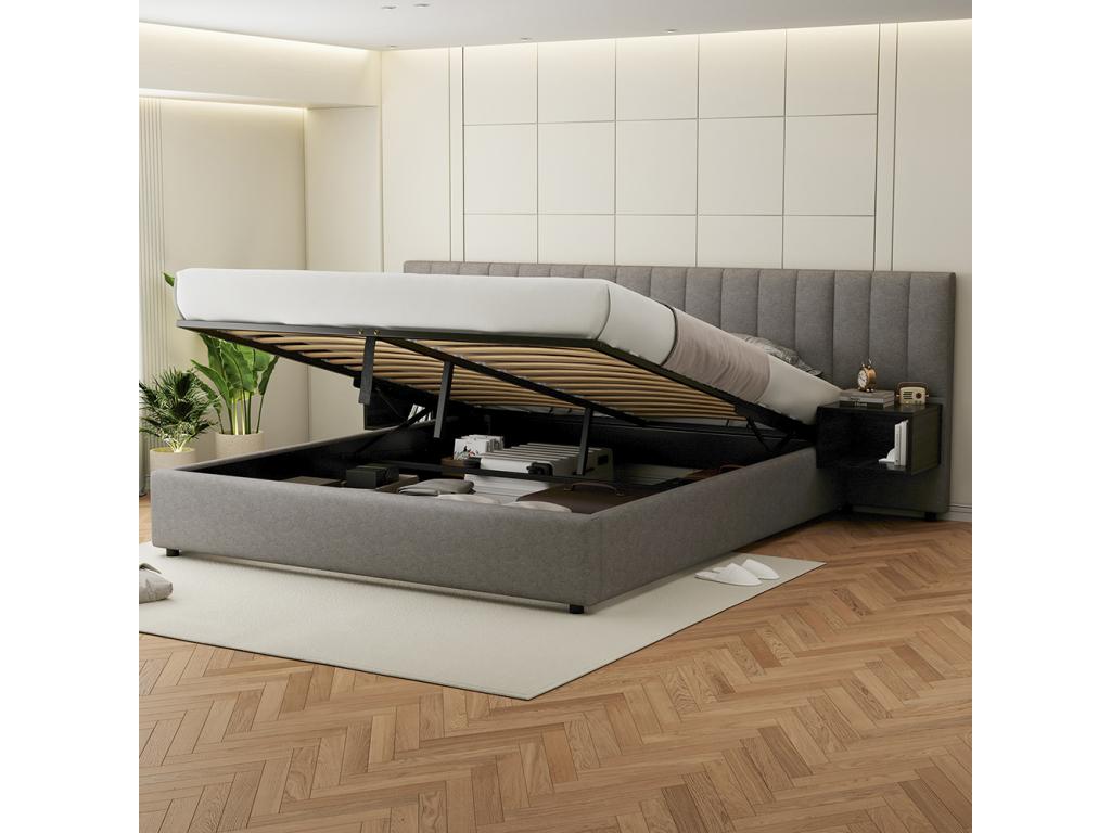 Upholstered bed 180x200 cm with two bedside tables with storage space, grey and black linen 82214FMGF