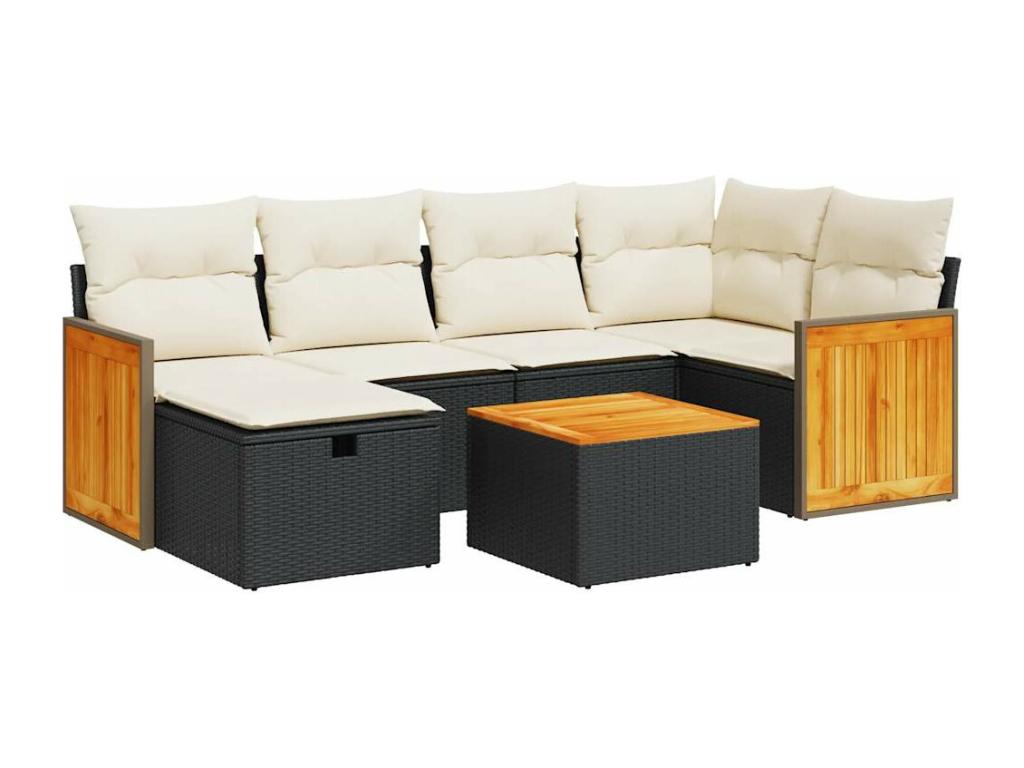 7-piece garden furniture set with cushions, black woven resin, 55842IVEU