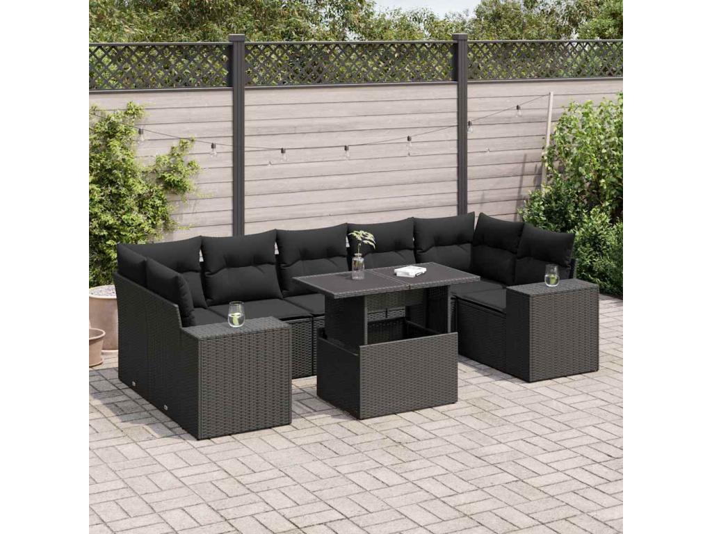 8-piece garden furniture set with cushions, black resin wicker, 86189ZQNA