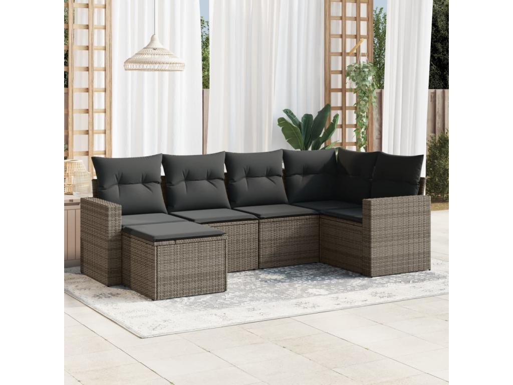 6-piece garden furniture set with grey resin wicker cushions 74783SVSM