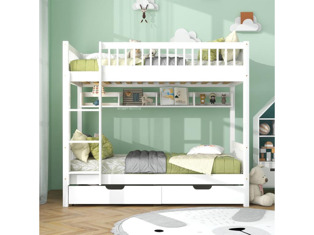 Removable bunk beds 2x90x200 cm in MDF and pine wood - 2 drawers and storage shelf - White 86380LWEW