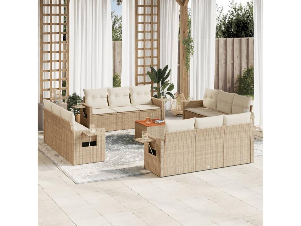 13-piece garden furniture set with cushions, beige woven resin, 33738RTIN