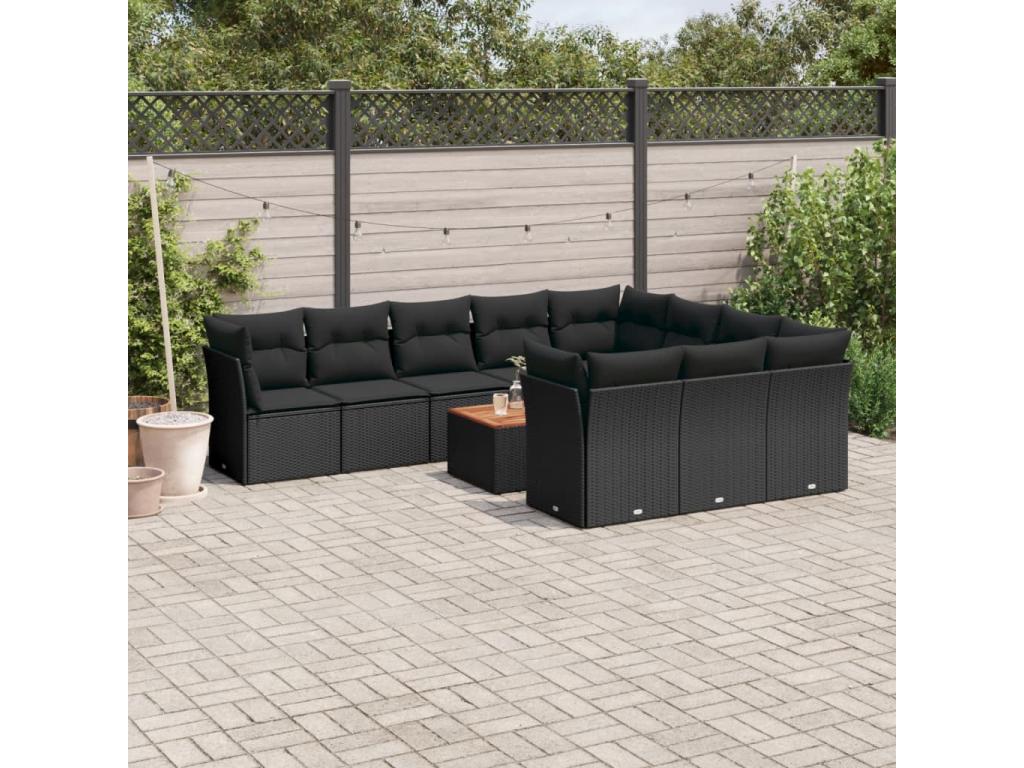 11-piece garden furniture set with cushions, black woven resin, 84044FURK