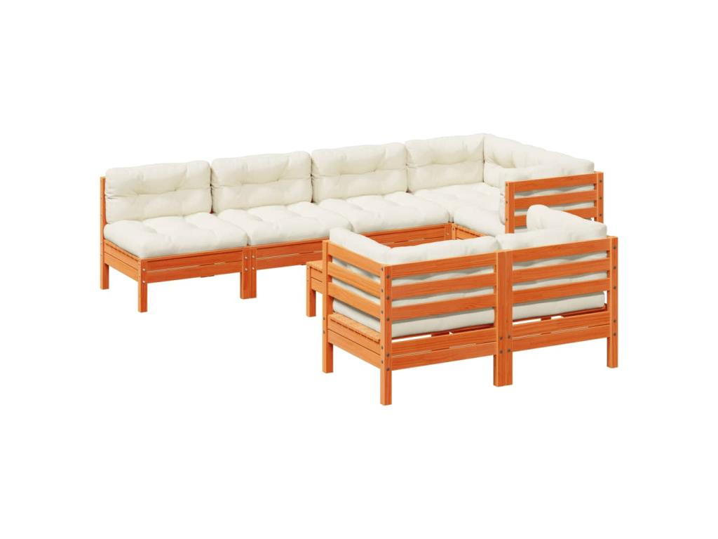 8-piece garden furniture set with cushions, brown wax finish, solid pine wood, 47281IQTS