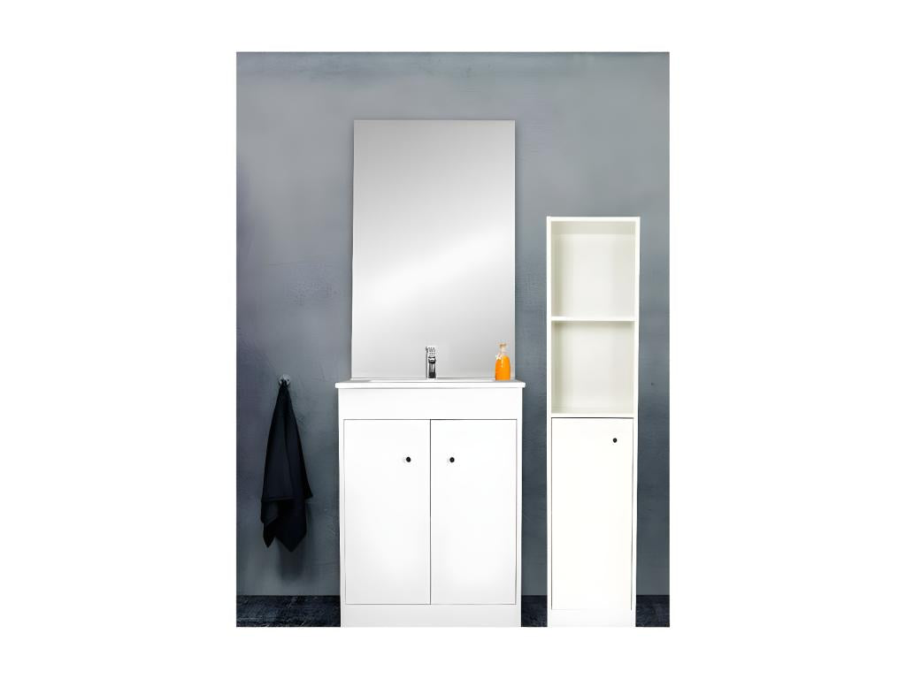 Vanity unit with integrated mirror, 60 cm, white, tall column - Delimoa 89233LJOU