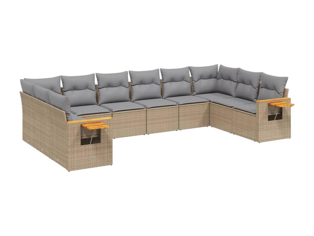 10-piece garden furniture set with cushions, beige woven resin, 93453UMVB