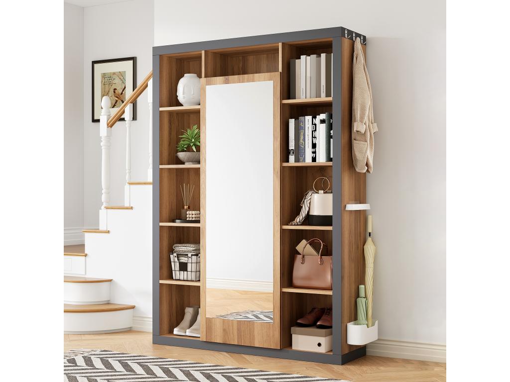 Wardrobe with mirror and storage shelves - 115x30x165 cm - MDF - Natural and grey 75206SYQG