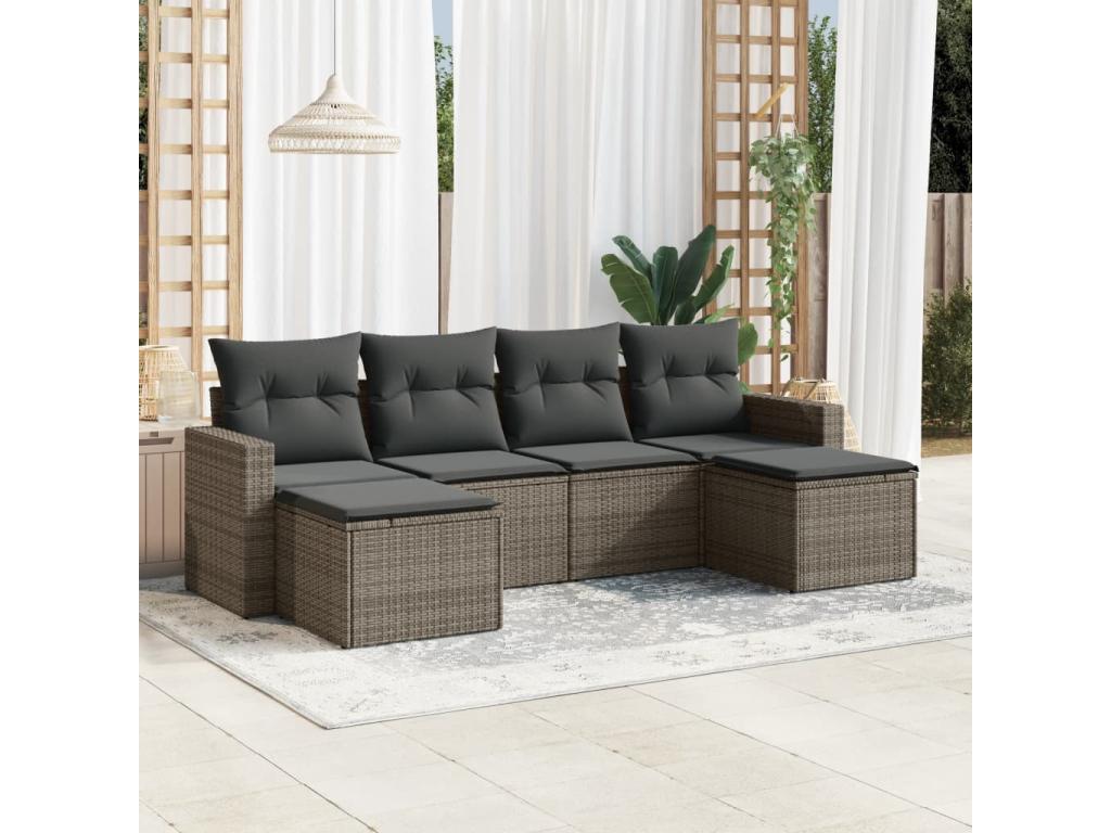 6-piece garden furniture set with grey resin wicker cushions 81705DYBG