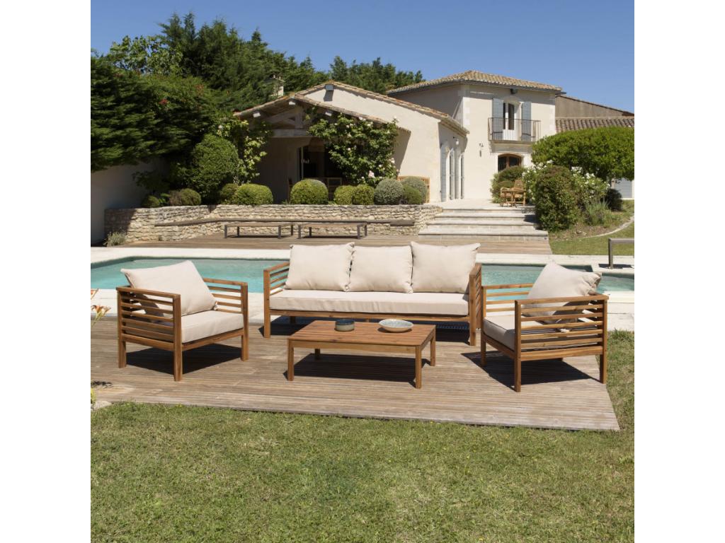 VICTORY - Delimoa 5-person wooden garden furniture set - 1 three-seater sofa, 2 armchairs and 1 rectangular coffee table 100x60 cm 44433TPDQ