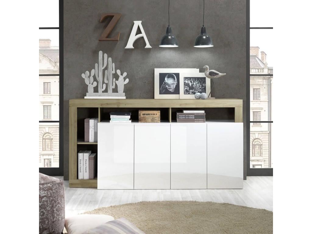 Delimoa - 4-Door White Lacquered Buffet with Wood-Effect Frame and Niches 97855GXZA
