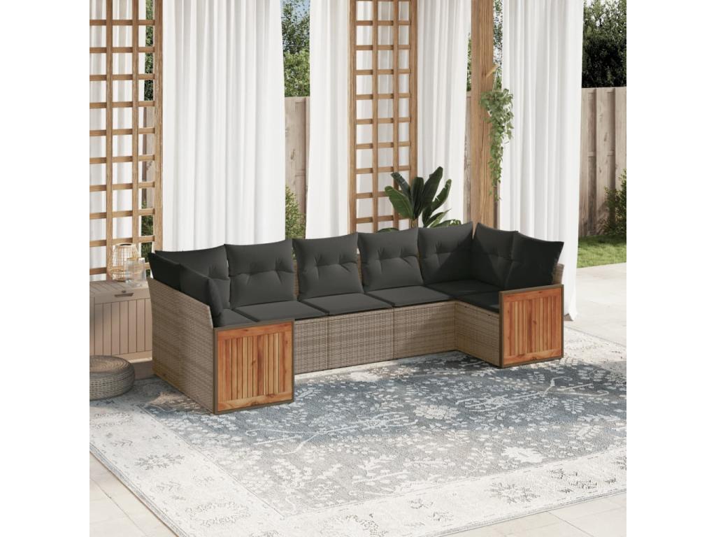 7-piece garden furniture set with cushions, grey woven resin, 44449PQFM