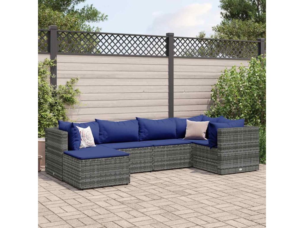 6-piece garden furniture set with cushions, grey woven resin, 61225MEEX