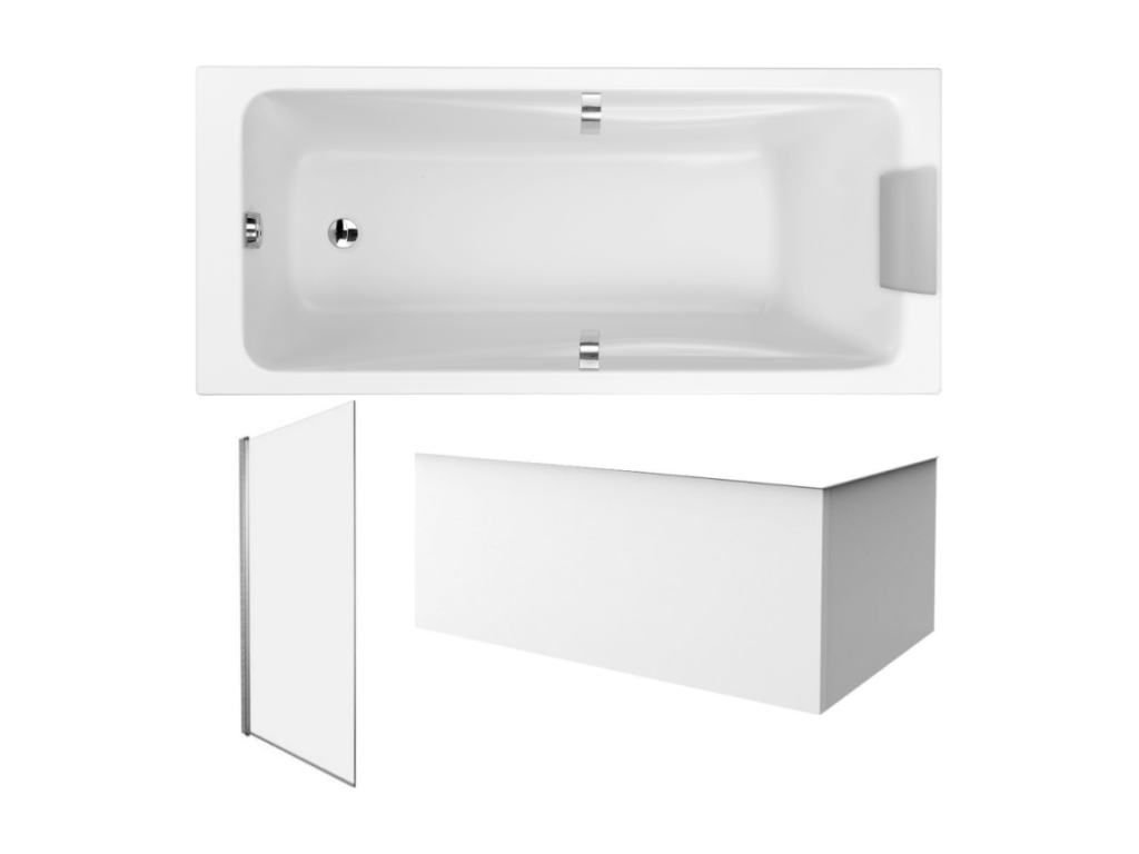 Delimoa 150x70cm straight bathtub pack with 1 chrome panel bath screen, corner apron, and drain 36181BCTY