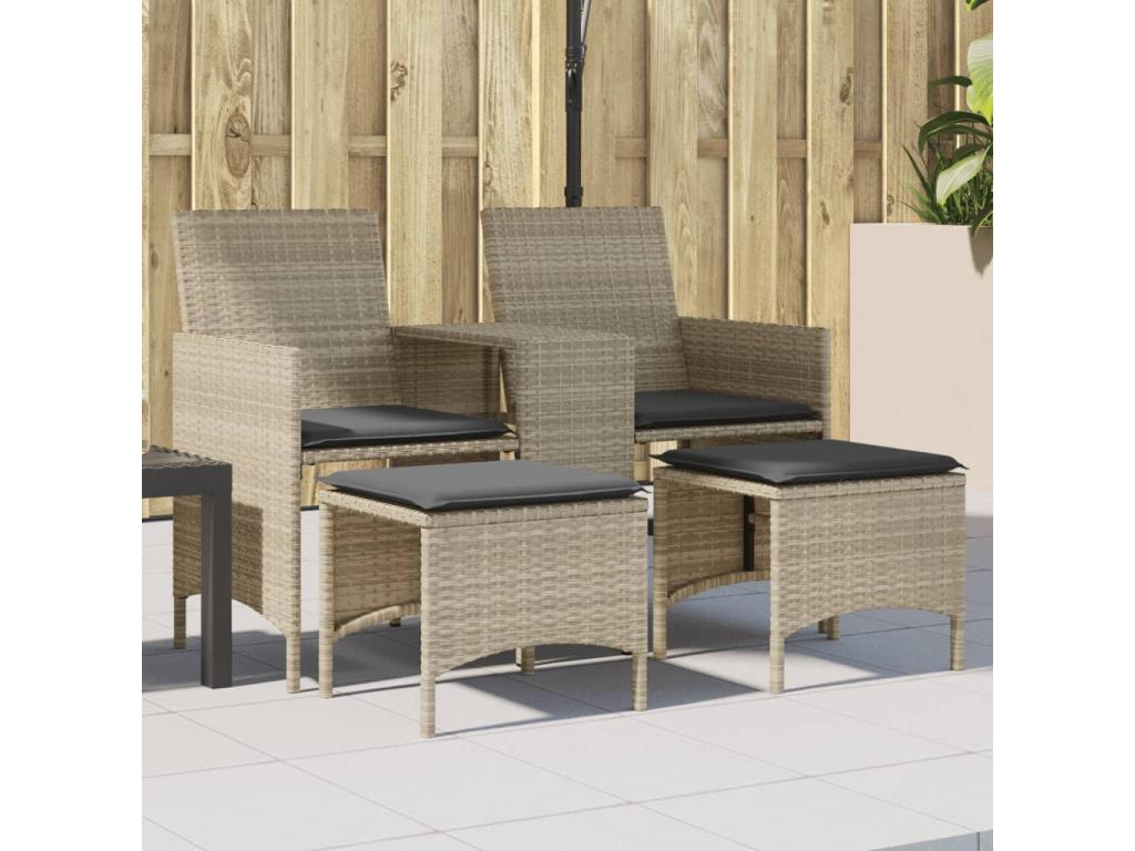 2-seater garden sofa with table and stools, light grey rattan 22926LOHC