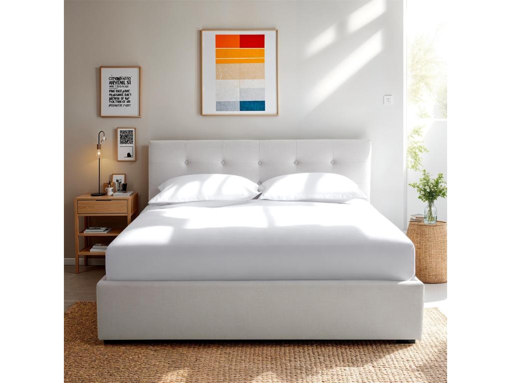 Adult storage bed 180x200 cm with beige fabric upholstered headboard and slatted base - Delimoa 50460UCSM