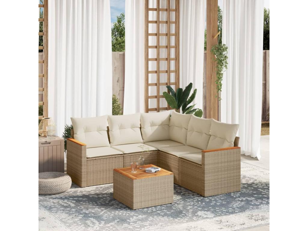 6-piece garden furniture set with cushions, beige woven resin, 40704LWTC