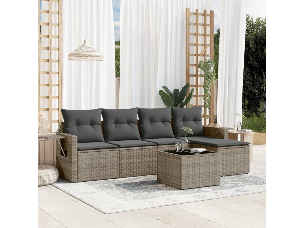 6-piece garden furniture set with grey resin wicker cushions 47383IQIE