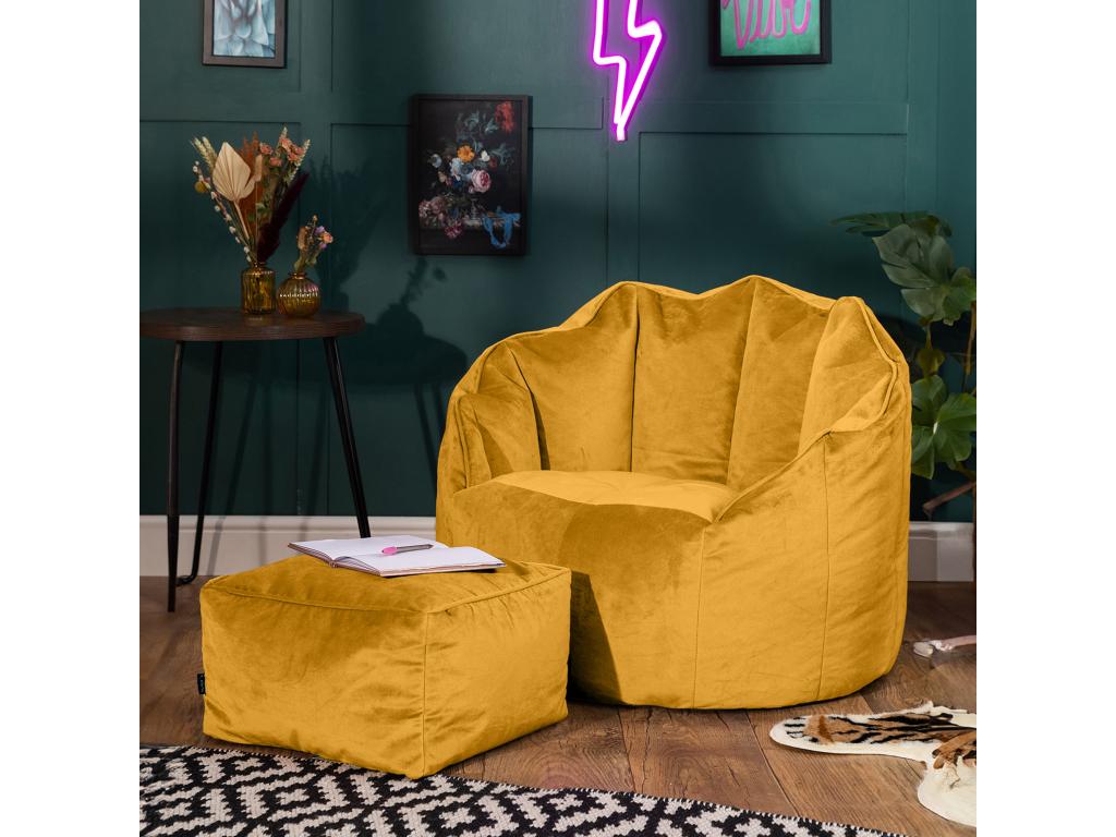 Ochre yellow velvet pouf chair with footrest - SIRENA 98738JZNC