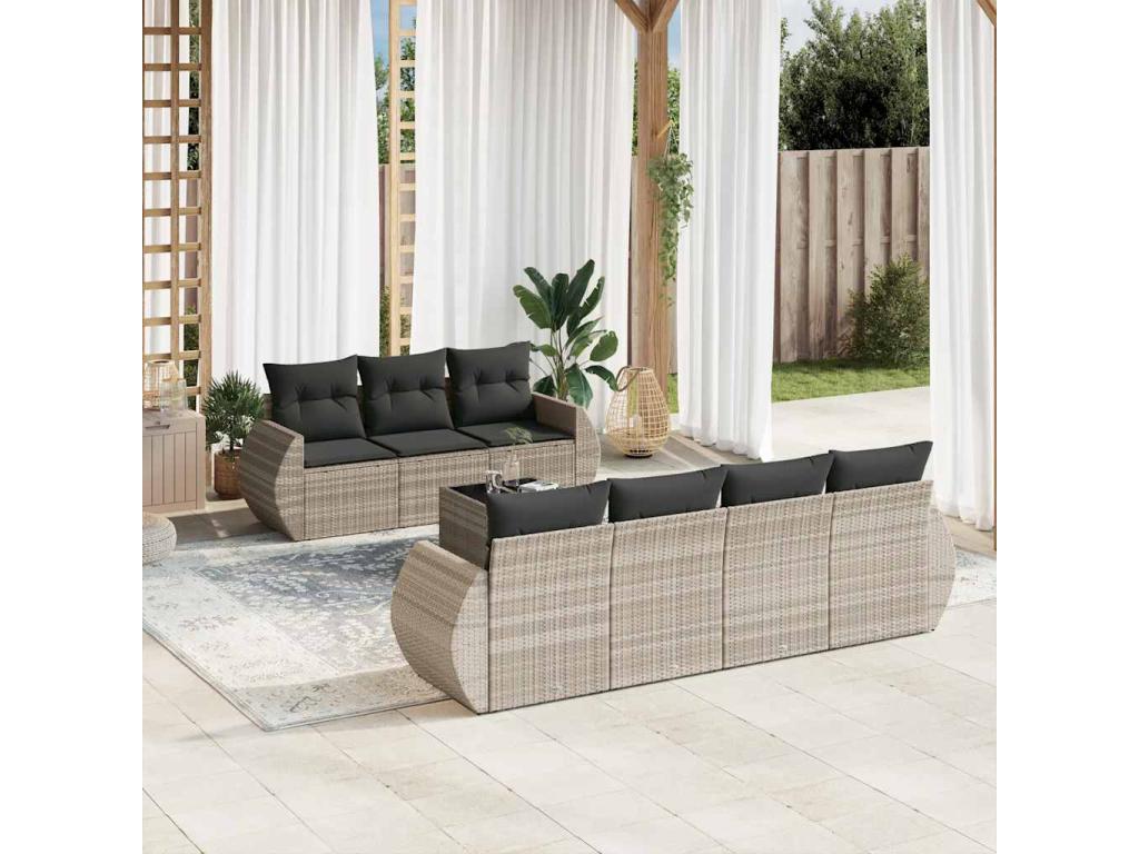 8-piece garden furniture set with light grey cushions, woven resin 47000JDZO