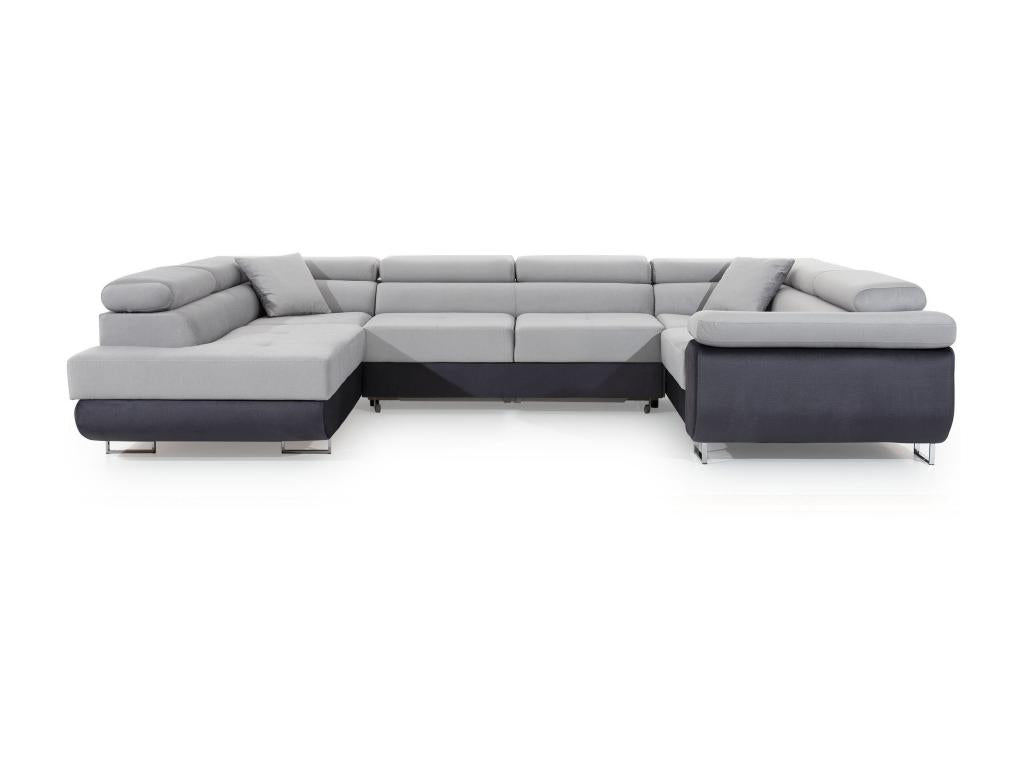 Delimoa 340cm U-shaped left-hand convertible sofa in blue fabric and grey faux leather with storage compartment 42212LPLI