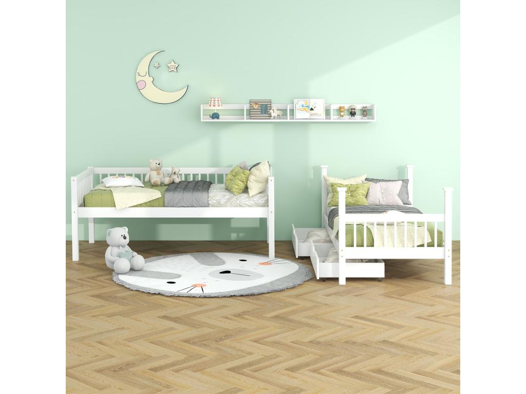Removable bunk beds 2x90x200 cm in MDF and pine wood - 2 drawers and storage shelf - White 86380LWEW