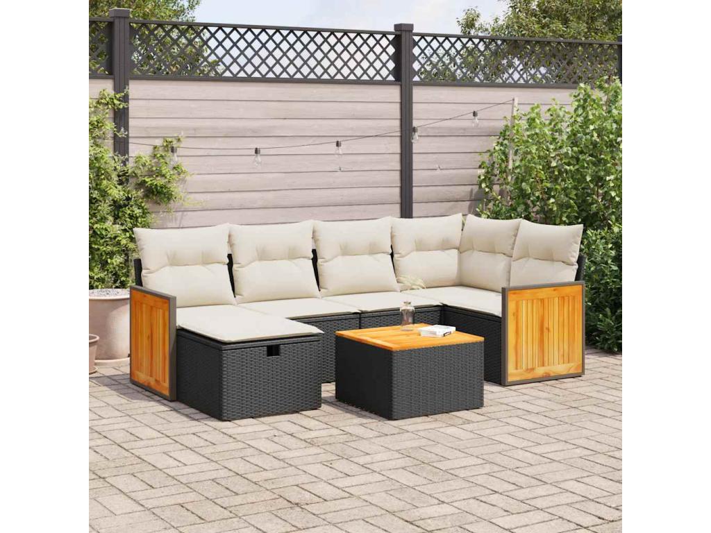 7-piece garden furniture set with cushions, black woven resin, 55842IVEU