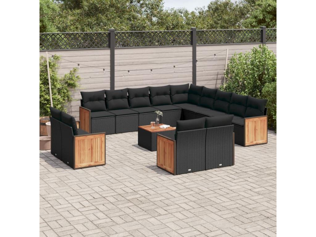14-piece garden furniture set with cushions, black woven resin, 90425ZFWZ