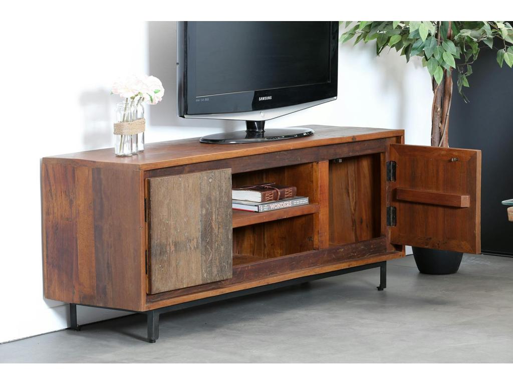 Industrial TV stand with raw recycled wood front, Artanzy 38223ZHYA