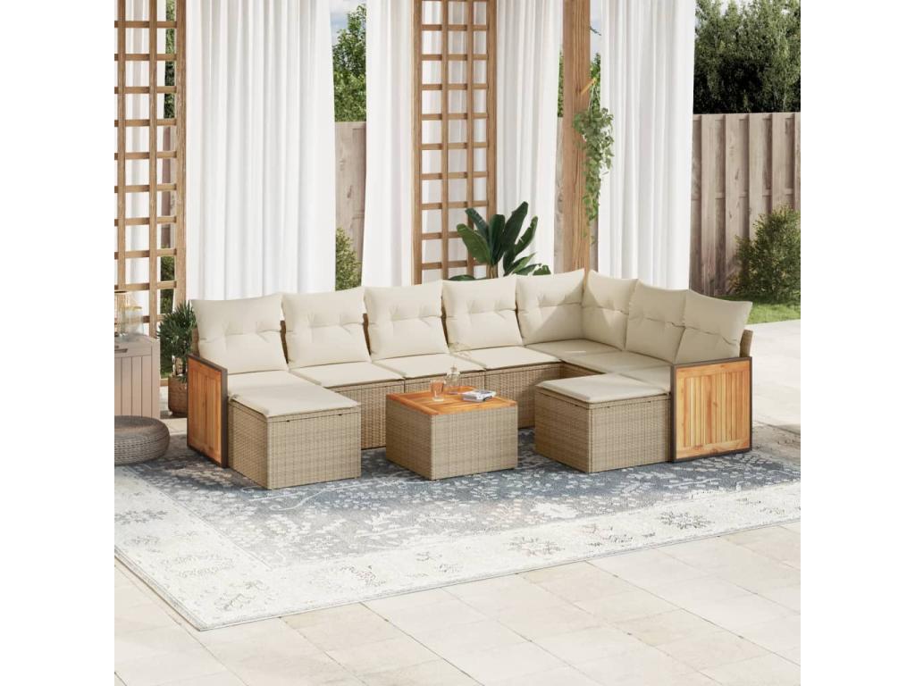 10-piece garden furniture set with cushions, beige woven resin, 62216FJGV