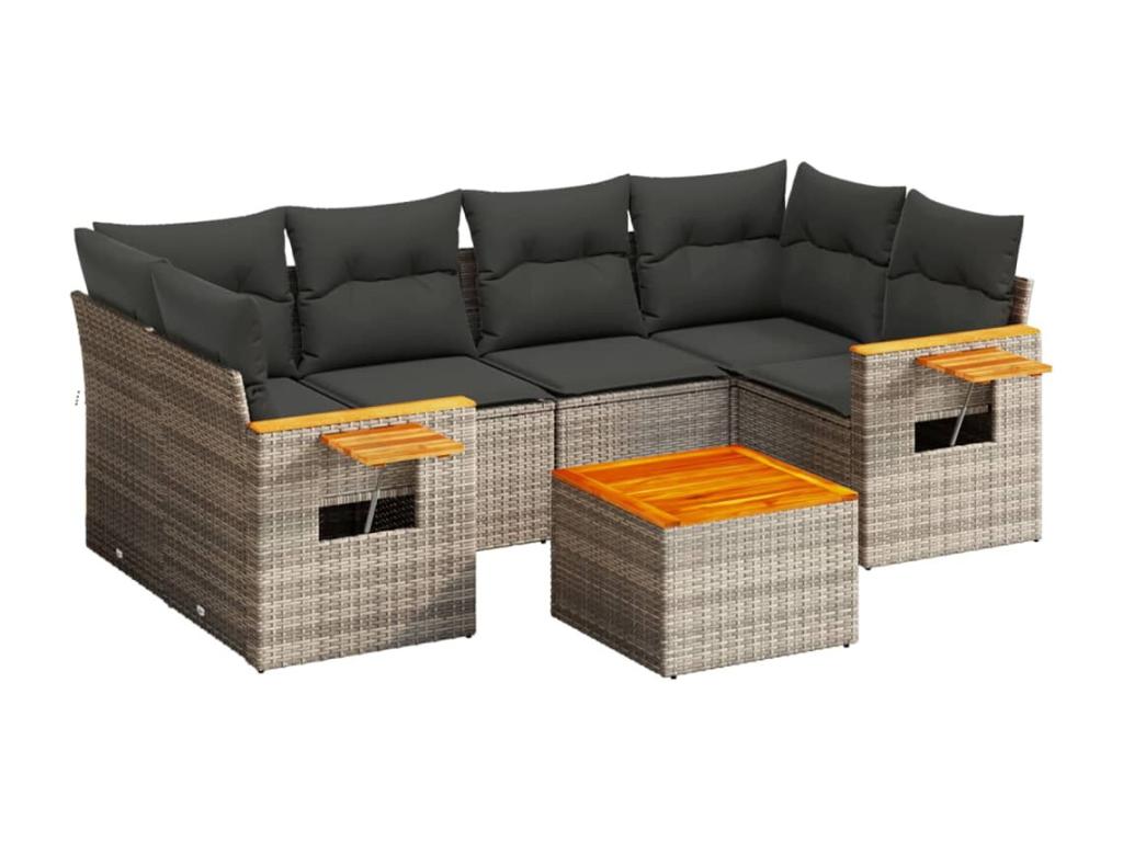 7-piece garden furniture set with cushions, grey woven resin 06918UUMU