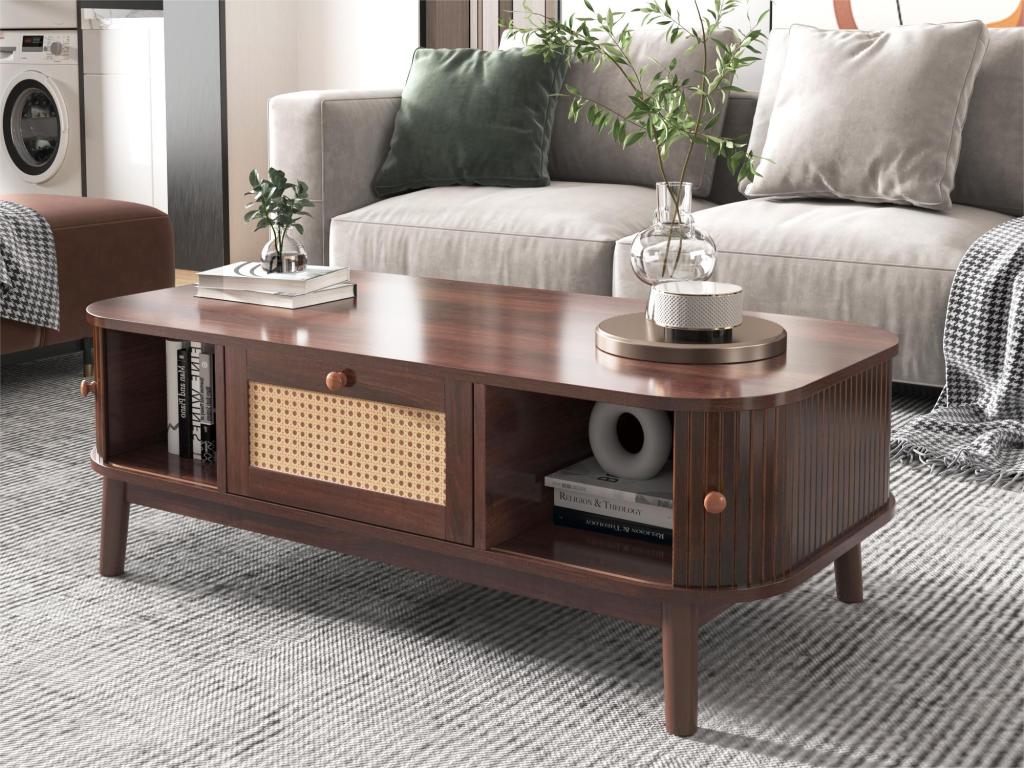 Living room coffee table - decorated with rattan and solid wood - country style - brown 47956XUAP