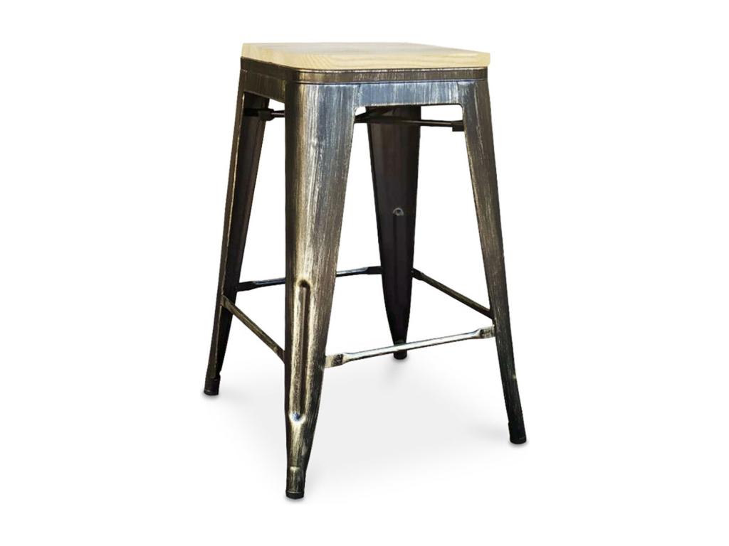 Vintage steel stool with natural solid wood seat, Delimoa 60cm - Bronze color 57076VLCG