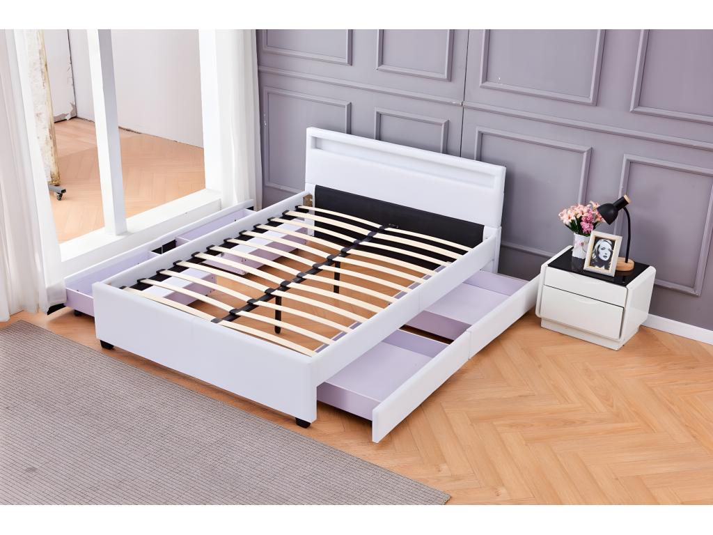 Adult bed 140x190 cm with drawers and LED lighting, white, slatted base included 00245CXKF