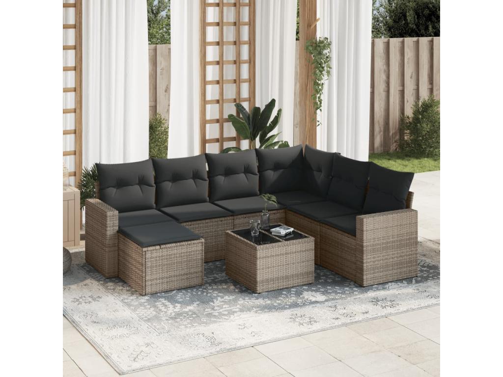 8-piece garden furniture set with grey resin wicker cushions 04410VDGB