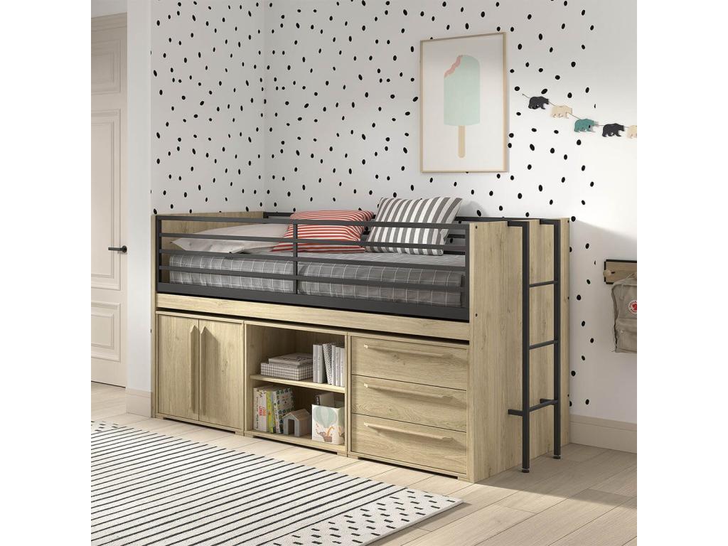 Delimoa - 90x200cm Combination Loft Bed with Sliding Tray and Storage, Oak Finish 49646EOGU