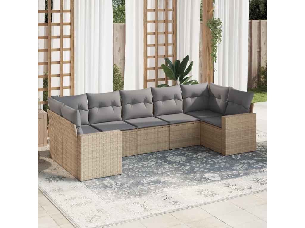 7-piece garden furniture set with cushions, beige wicker resin, 10993BOHD