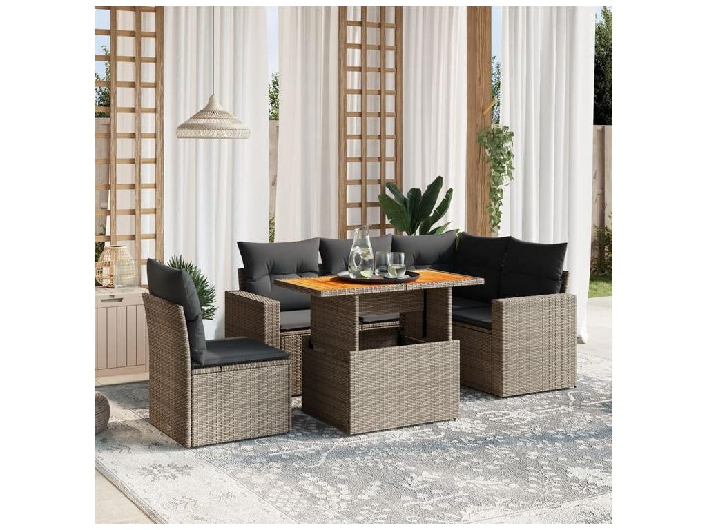 6-piece garden furniture set with grey resin wicker cushions 85950BHJN