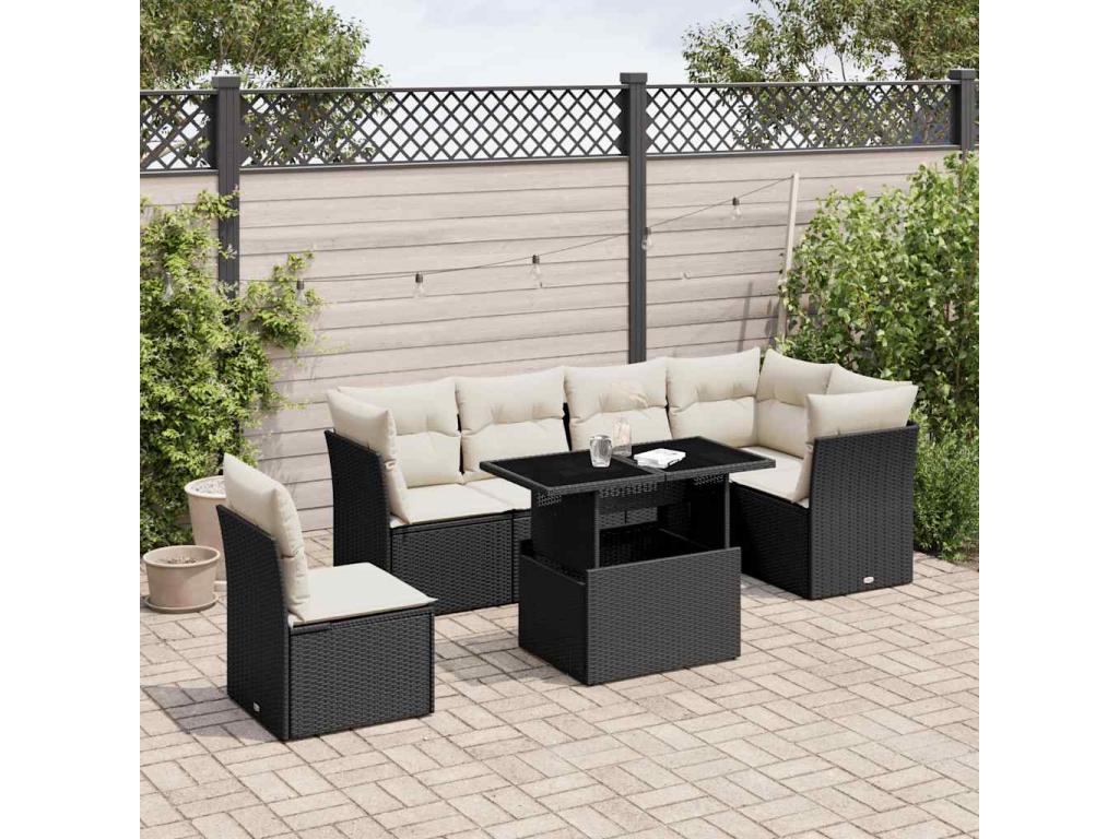 7-piece garden furniture set with cushions, black woven resin 16207XCRN