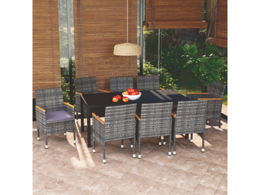9-Piece Garden Dining Set and Cushions, Poly Rattan, Grey 05347REUG
