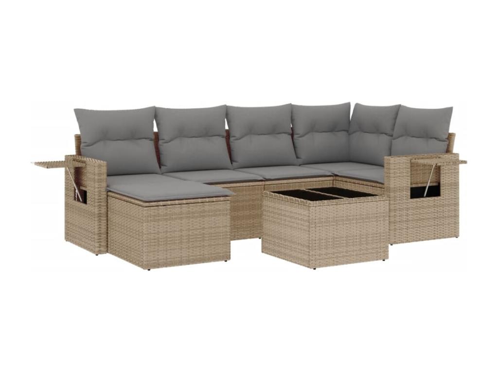 7-piece garden furniture set with cushions, beige woven resin 04746AZQZ