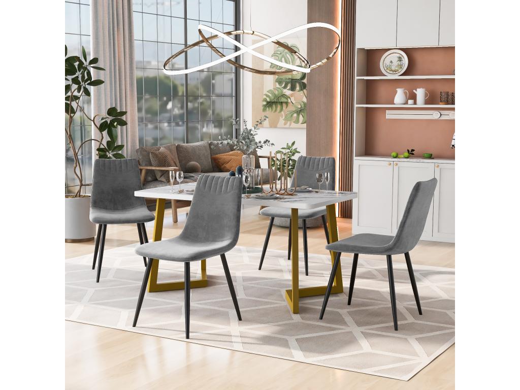 Dining table set 117x68 cm with 4 velvet upholstered chairs - gold metal legs - White grey 97907ENIQ