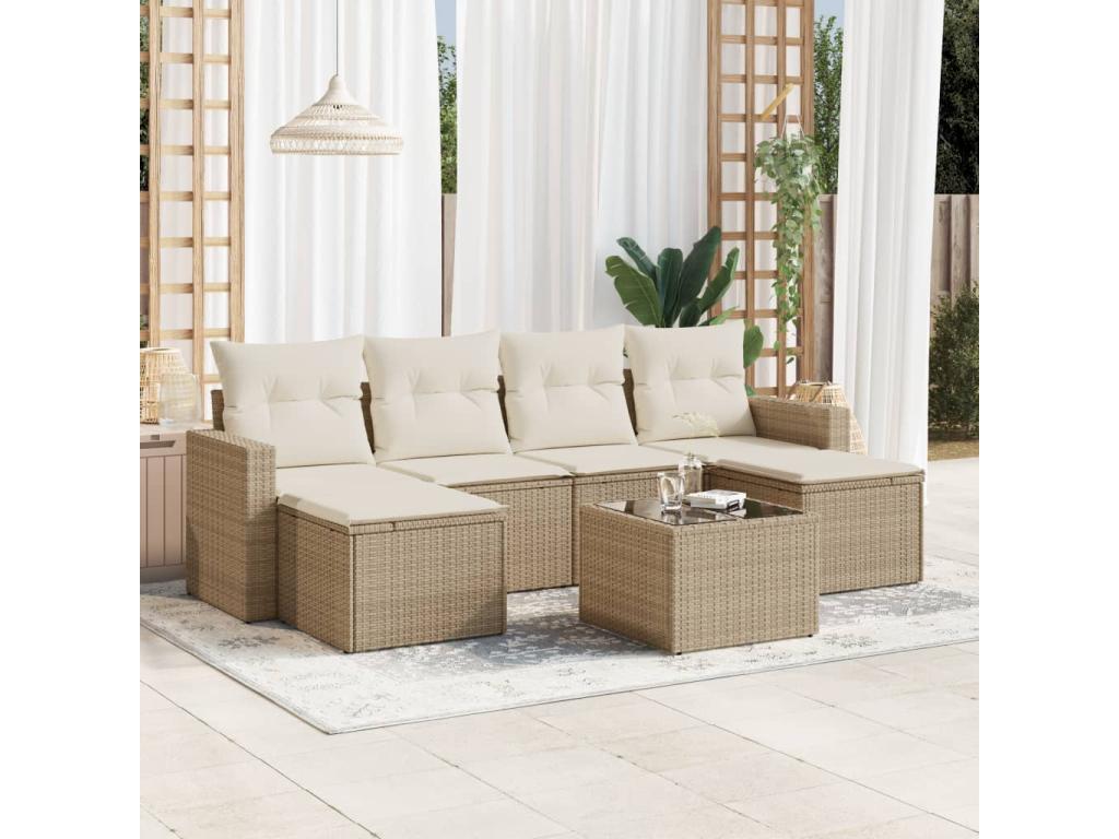 7-piece garden furniture set with cushions, beige wicker resin, 61297IKGP
