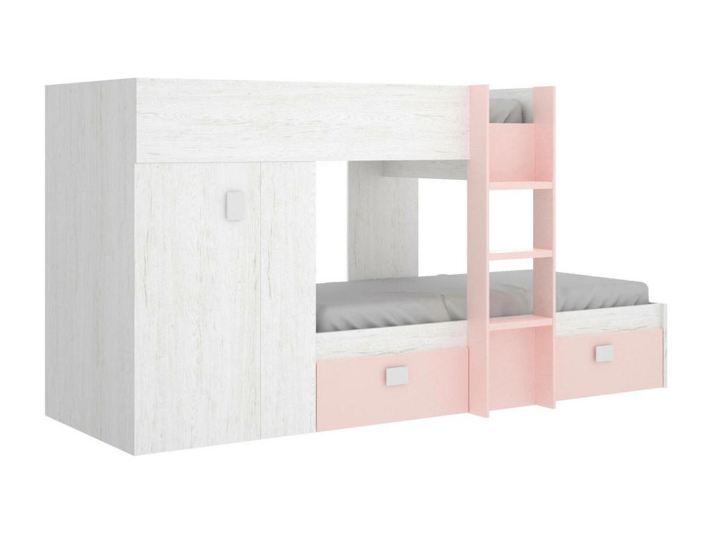Delimoa Children's Bed Complete Bedroom Set with Wardrobe and Drawers Bunk Bed Composition with Two Single Beds 271x111x150 cm White and Pink 74230GWIY