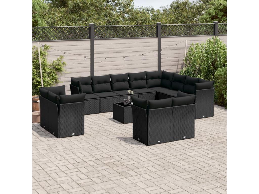 13-piece garden furniture set with cushions, black wicker resin, 24041JRRS