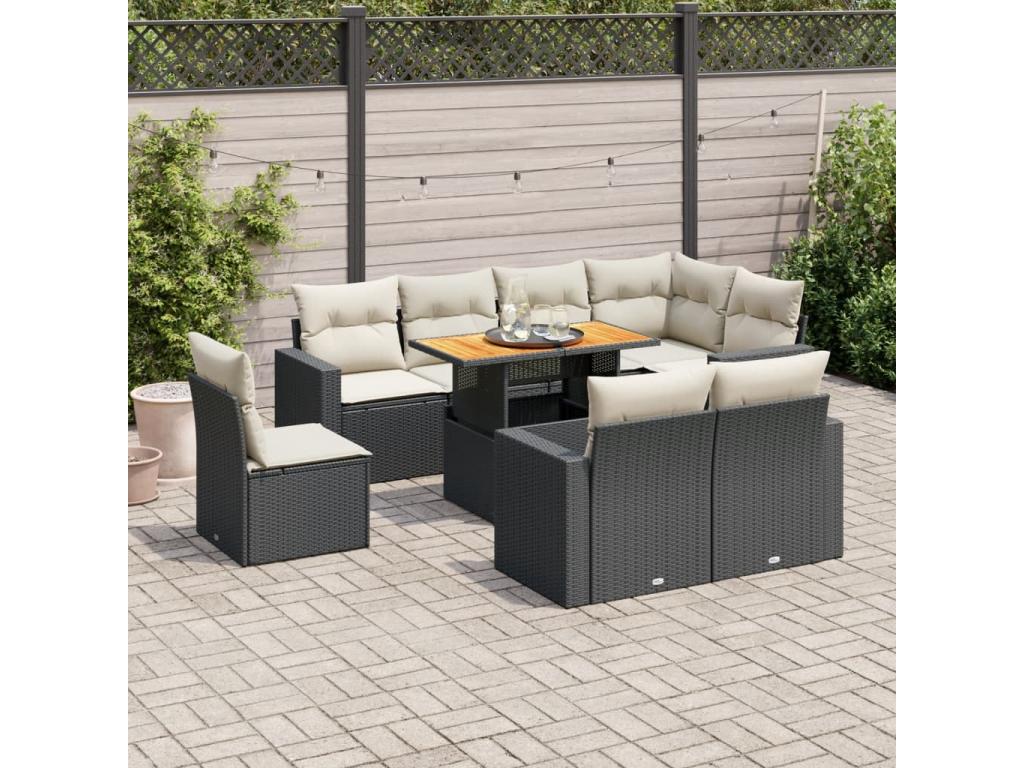 9-piece garden furniture set with cushions, black resin wicker 94029XRQD