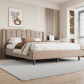 Upholstered bed 140x200 cm with headboard - Linen fabric - Button design - Dark beige (mattress not included)
