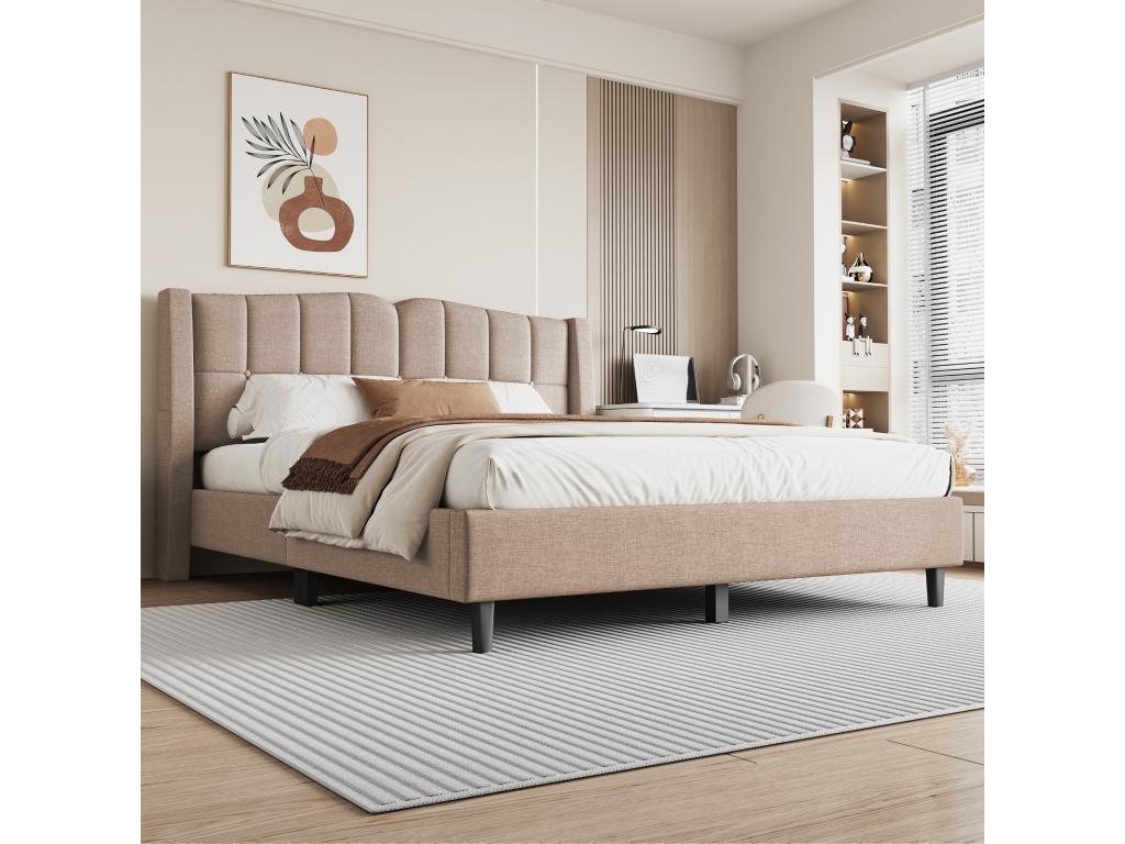 Upholstered bed 140x200 cm with headboard - Linen fabric - Button design - Dark beige without mattress 25731YBGH