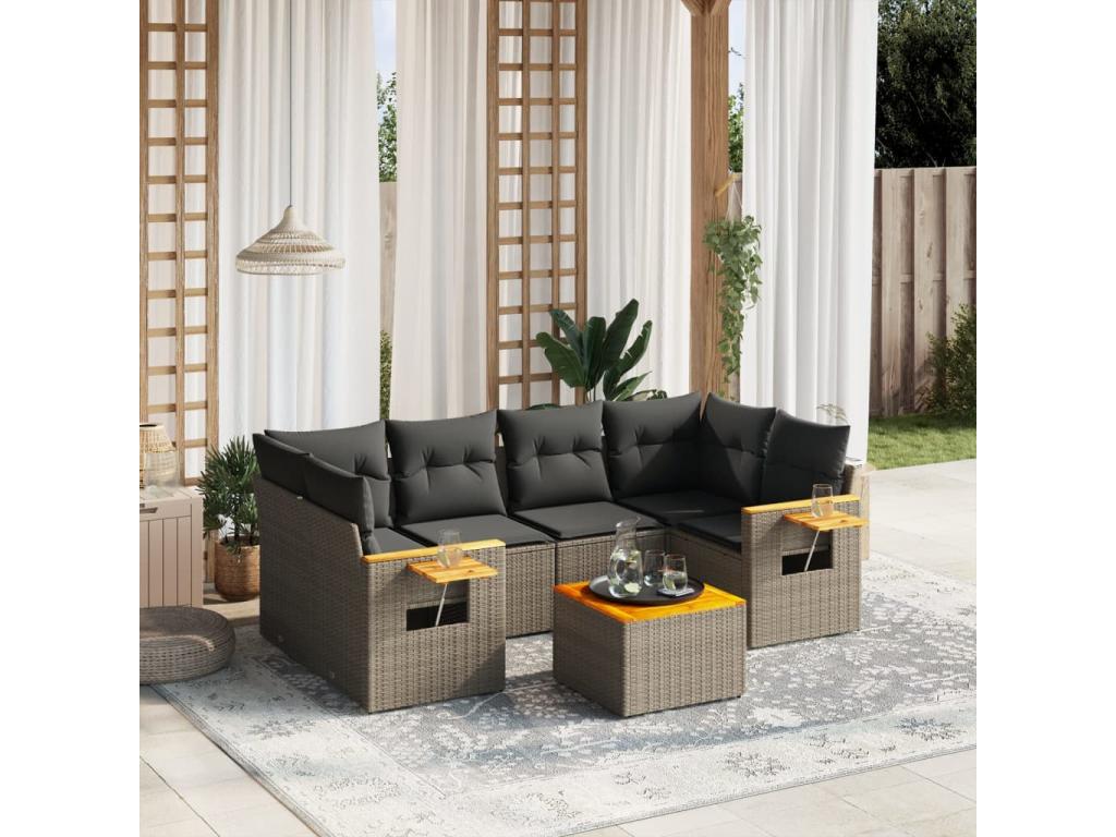 7-piece garden furniture set with cushions, grey woven resin 06918UUMU